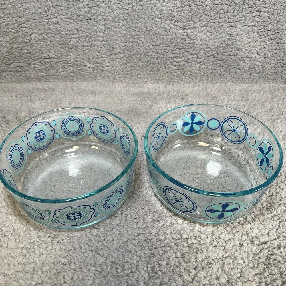 Vintage Pyrex Blue/Turquoise Decorative Storage Bowls 7201 7203 No Chips No Lids